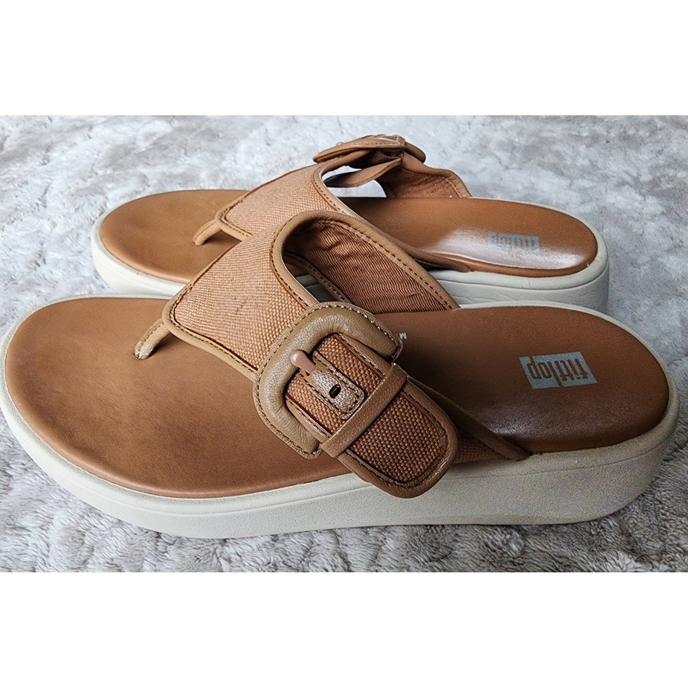 FitFlop F-Mode Buckle Canvas Toe-Post PlatformSandals Tan US 7 Womens